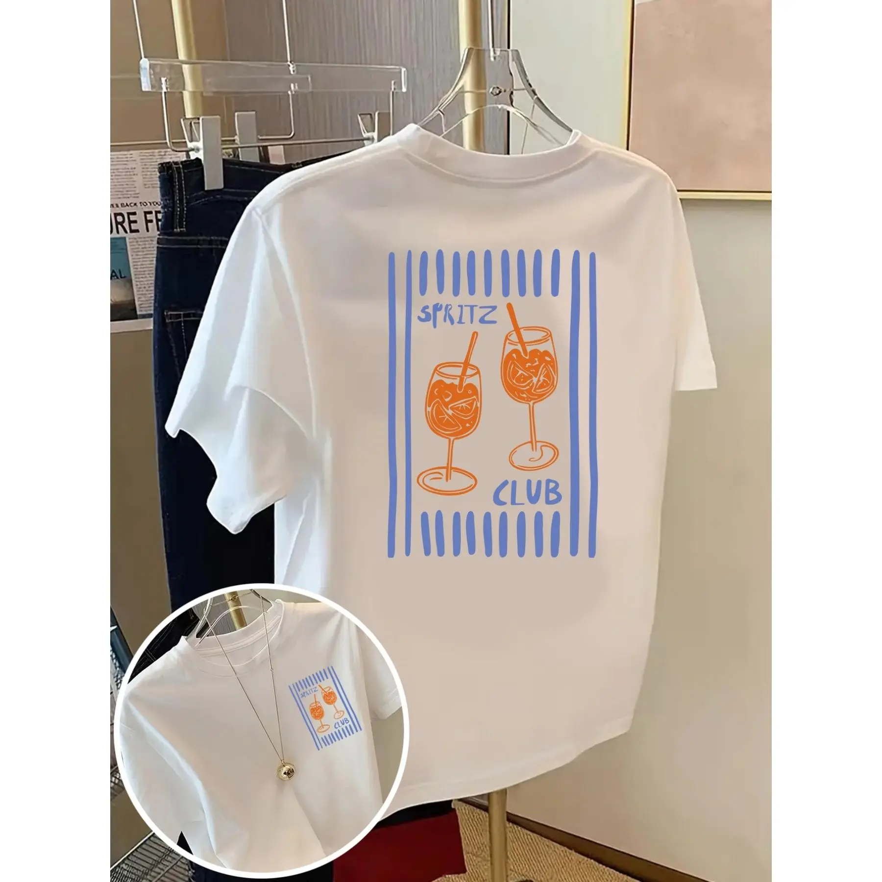 Double-flower Print, Front and Back Printed Short-sleeve Top, Spritz Club, Cocktail Illustration Print Round-neck Women's Casual Short-sleeve Top - Comfortable Fit, Classic Design, Fashionable Item