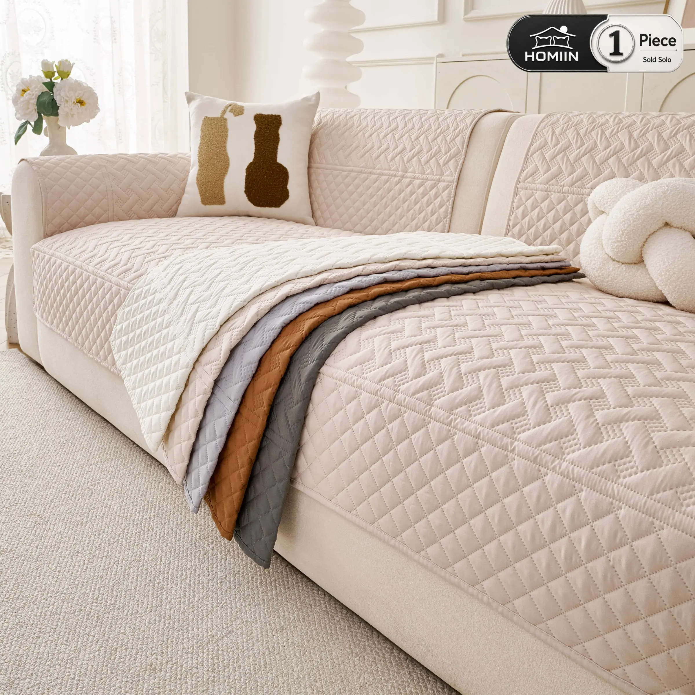 HOMIN-Solid Color Couch Covers for Sofa,Soft Quilted Sofa Cover, Pet Friendly Non Slip Couch Protector, Comfortable Furniture Cover for for Sectional, Loveseat, Recliner & 1-4 Seater Couch