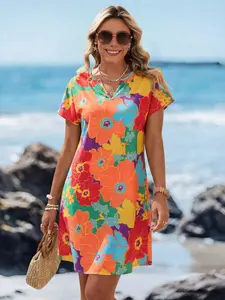 Simple Versatile V Neck Floral T-Shirt Dress, Summer Fashion Dress, Suitable for Home and Outdoors, Elegant Style, Unlined