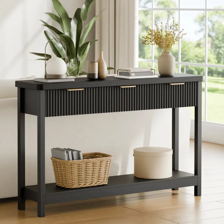 GIKPAL Fluted Console Table, 51" Narrow Entryway Table With 3 Drawers, Console Table Sofa Table With Storage Open Shelf, Modern Display Shelf Hallway Living Room, Black
