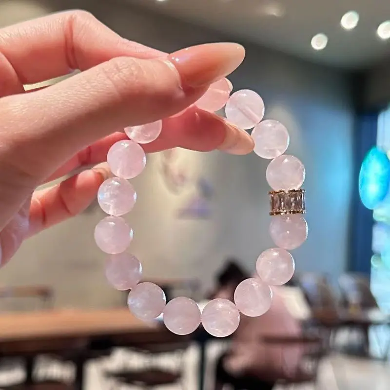 Rose Quartz Beaded Bracelet for Women, Minimalist Jewelry with Natural Round Stones & a Rhinestone Metal Accent, Handmade Stretch Birthday Gift, Casual, Rhinestones, Jewelry Lovers, Versatile