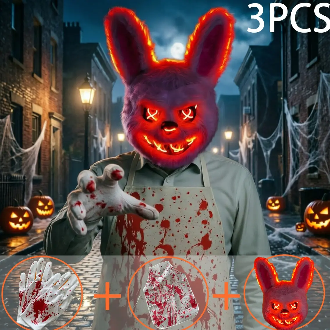 3pc Halloween Glowing Rabbit and Bear Masks, Bloody Bunny and Bear Mask Set, Festival Party Night Glow Costume Masks, Requires Aa Batteries