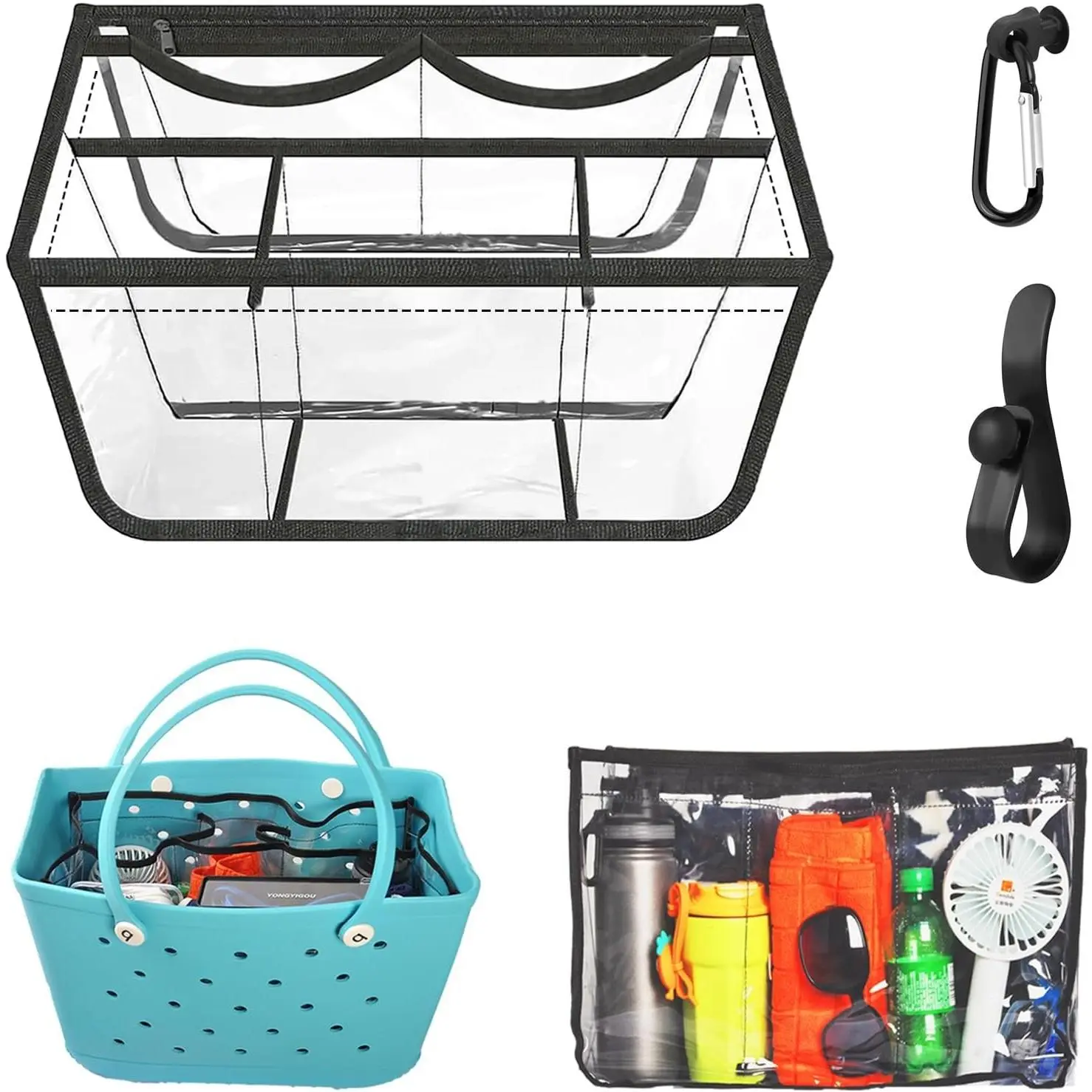 Clear Beach Bag Organizer Compatible with Bogg Bag X Large Size, PVC Insert Divider Liner for XL Bogg Bag Accessories (Clear-Black)Gift