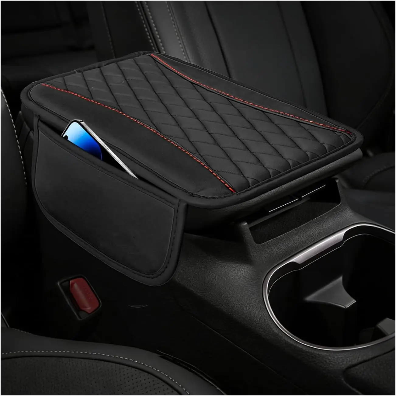 Patchwork Leather Center Console Covers for ,  Auto Armrest Protector with Side Storage Pockets, Comfortable Center Console Pad for SUVs Sedans  (Black)
