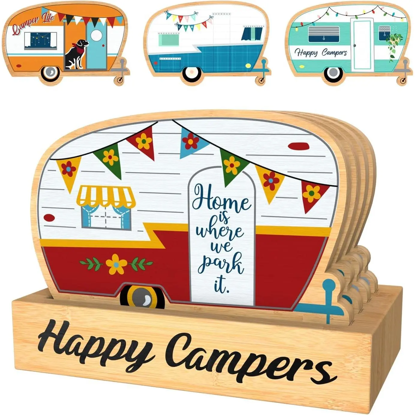 Camper Coasters Set of 4, Happy Camper Bamboo Drink Coasters with Holder, Camping Gifts for Camper Lovers Women Men, Suitable for Kinds of Cups, Coffee Table, Camper Decor
