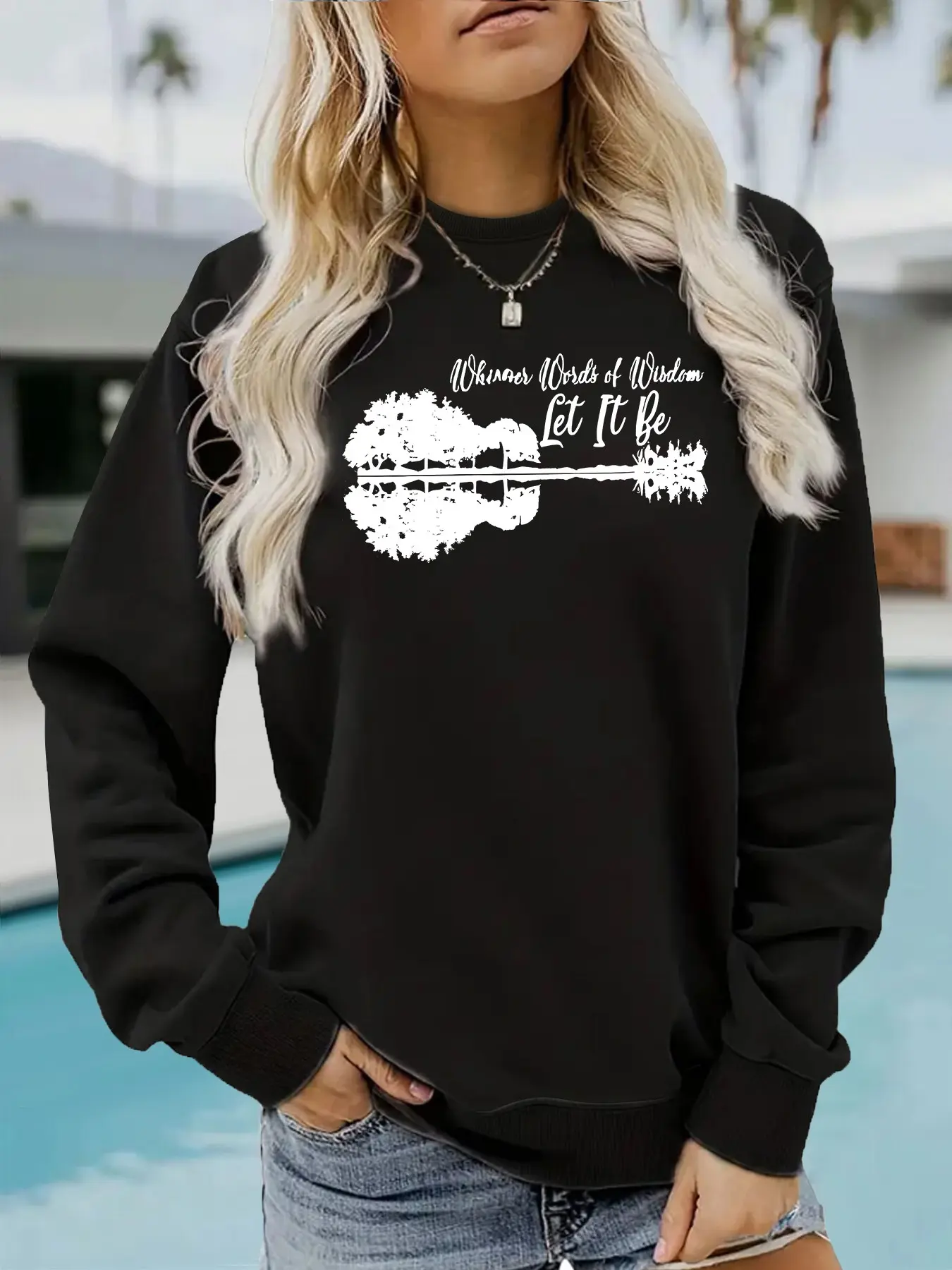 Women's Guitar Print Round Neck Fleece Sweatshirt, Casual Long Sleeve Top, Comfortable All Seasons, Durable Fabric
