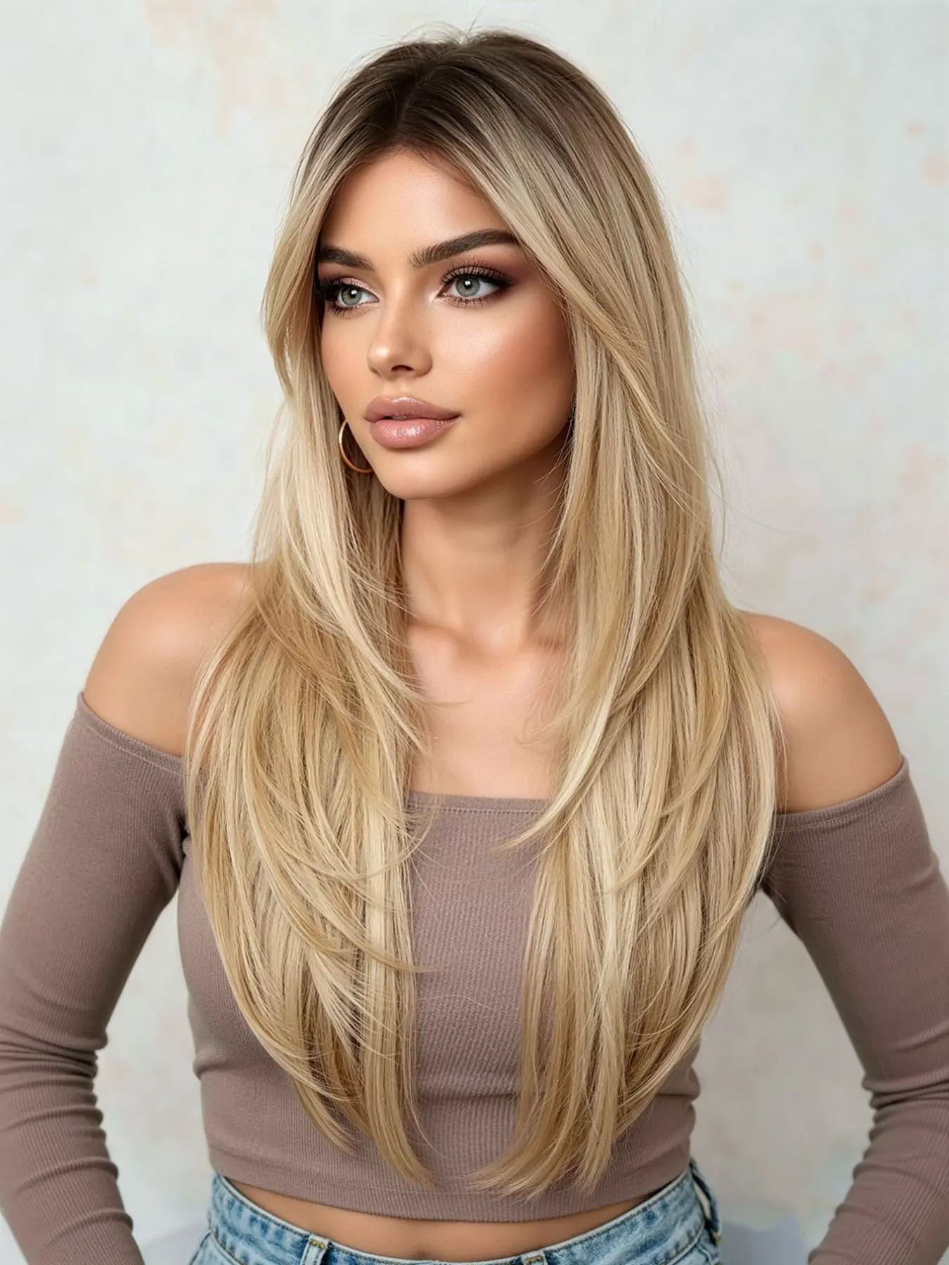 Women's 24-Inch Straight Synthetic Wig, Gradient Dark Root to Gold, Heat-Resistant, Ideal for Daily Wear, Halloween, Christmas Parties, Cosplay