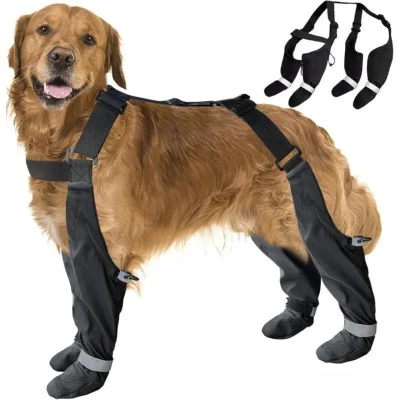 Waterproof Dog Boots with Non-Slip Soles, Harness-Style Paw Protectors with Reflective Pads for Outdoor Walking and Hiking, Foot Protection