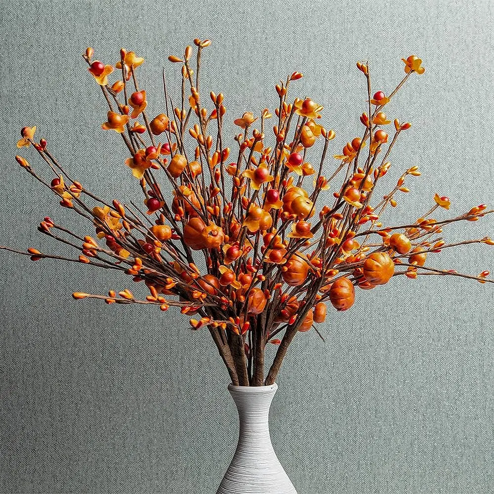 12-Pack Decorative Fall Flower Ornaments, 17in Autumn Berry Floral Picks with Orange Pumpkins & Fruit, Ideal for Vase Decor, Daily Use, Juneteenth, Carnival & Music Festival Harvest Decor
