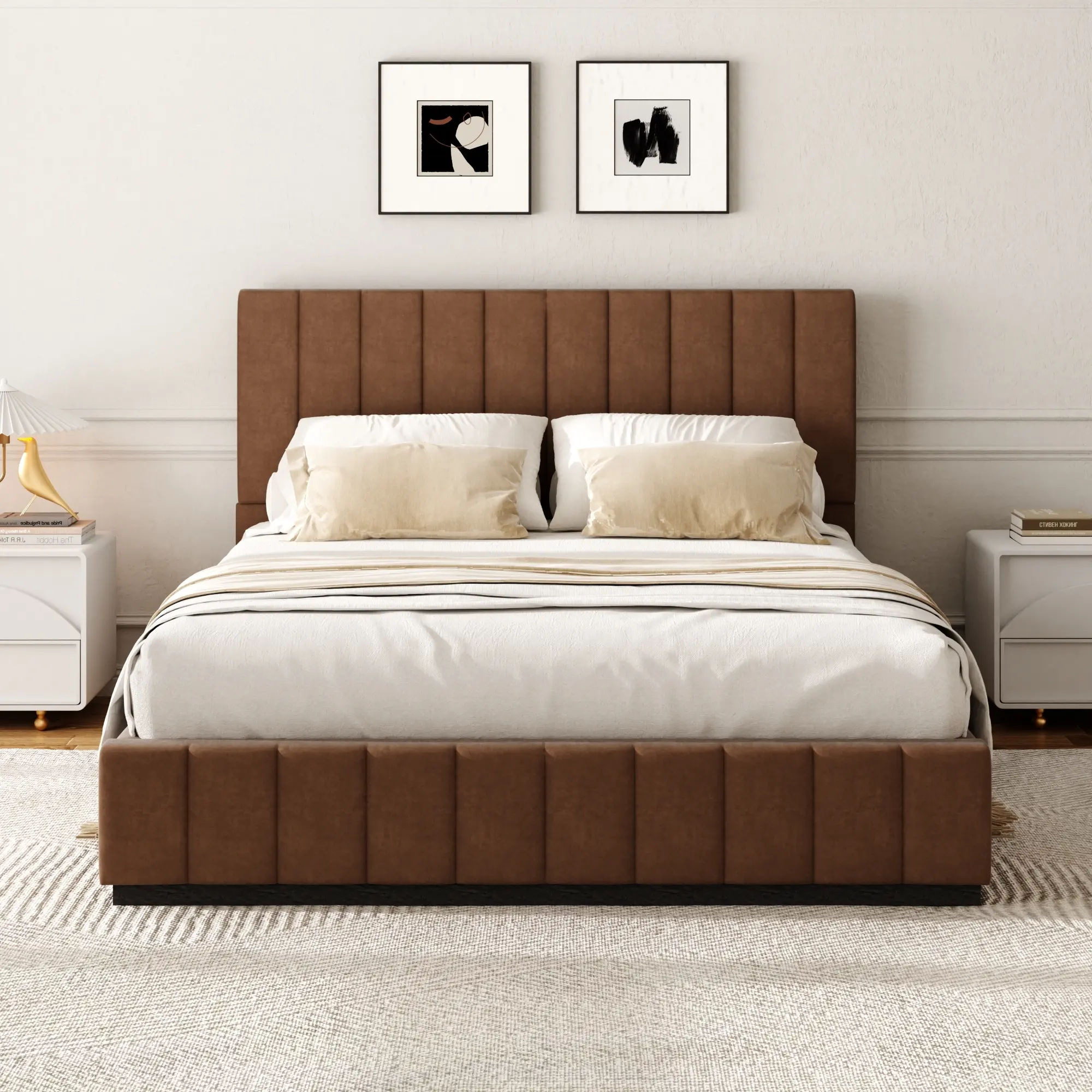 Minimalist Vertical Tuft Velvet Platform Bed, Brown Upholstered Bed Frame with High Headboard, Contemporary Bedroom Bed Furniture Easy Assembly