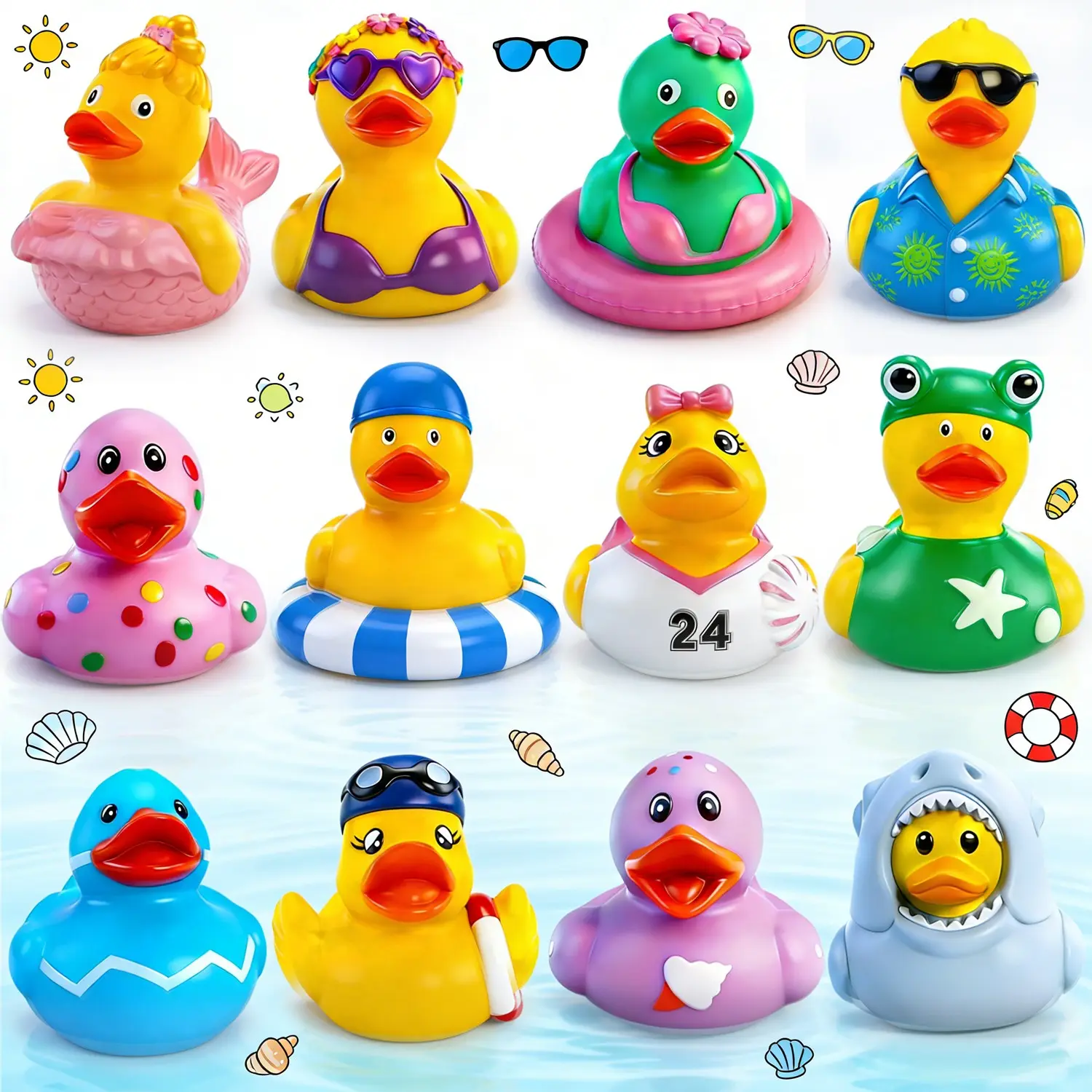 Summer Rubber Duck Toys, 12 Pcs Assorted Cute Beach Toys, Baby Ducking Bath Pool Toys, Toddler Boys Girls, Cruise Ship Party Gifts