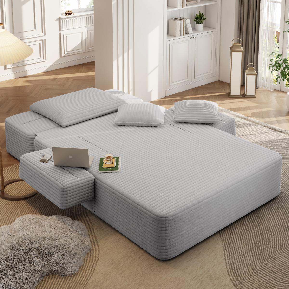 Luxurious Plush Corduroy Chaise Lounge with 3 Pillows, Convertible Sofa Bed with Storage Pocket, Frameless Design & Compression Foam for Small Spaces, Living Room, Apartment,Light Grey