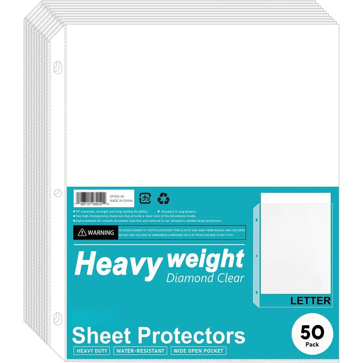 Heavyweight 3-Hole Letter Size Sheet Protectors - High Transparency Plastic Heavy Duty Sleeves for 3 Ring Binders, Archival Safe, Durable Page Protectors for Documents, 8.5x11 Inch (50 Pack)