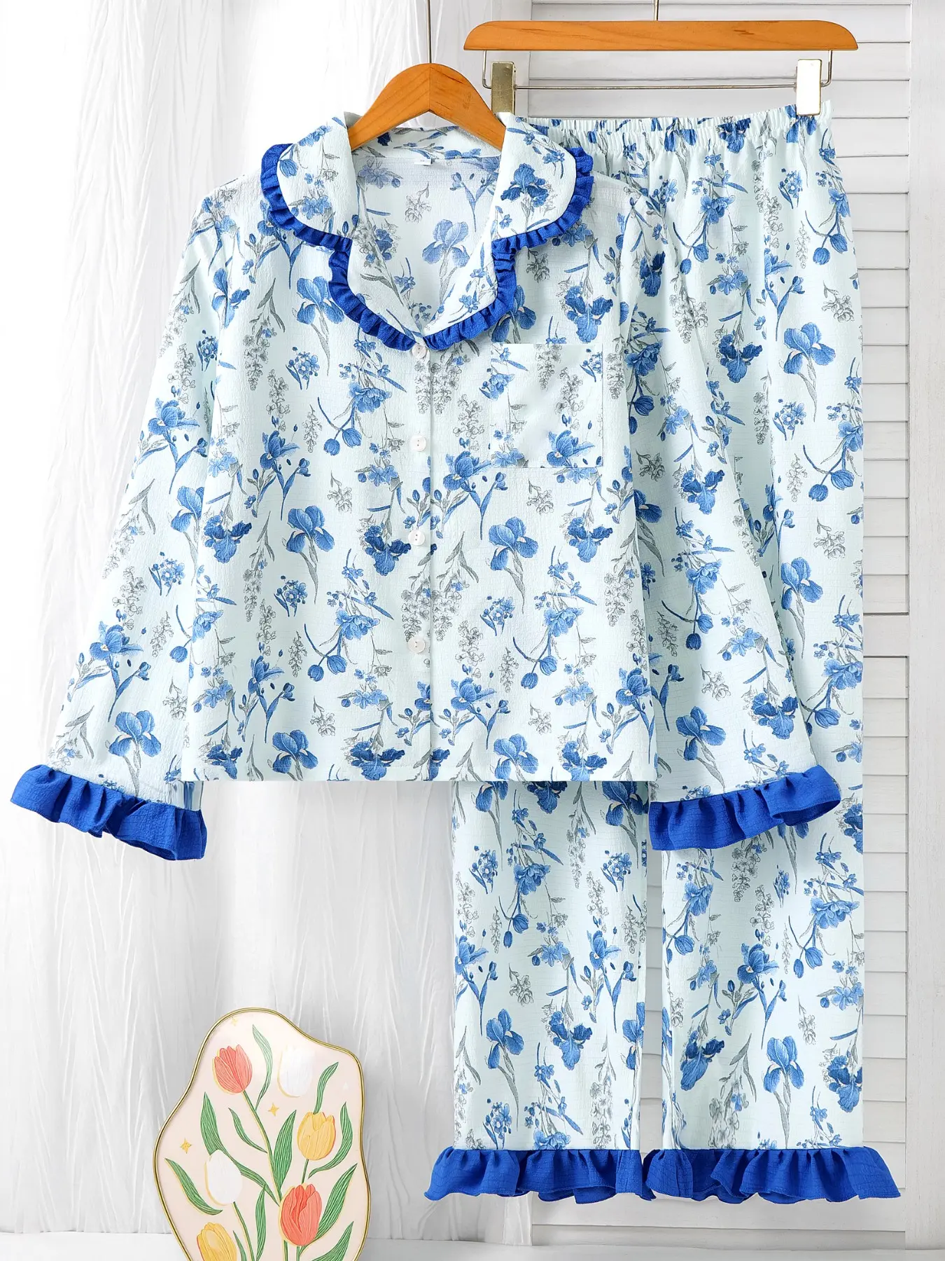 Women's Comfortable Sleepwear Set, Tulip Flower Print Long Sleeve Pajamas, Loose Fit Home, Two-Piece Lounge Wear