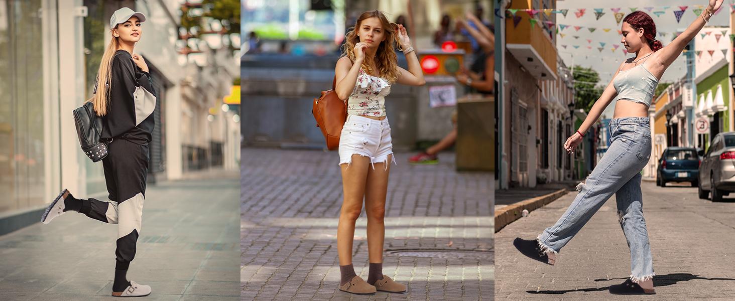 Xiakolaka Women's Suede Clogs Leather Mules Cork Footbed Sandals Potato Shoes with Arch Support Ergonomic Design Eva Sole