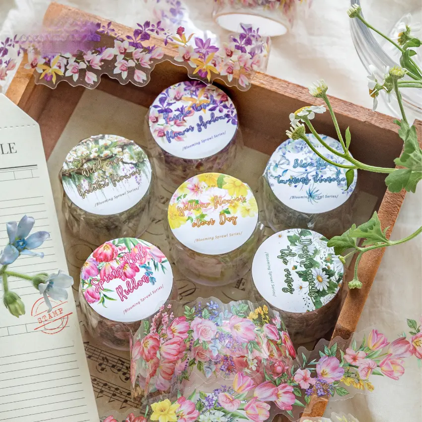 6 Rolls Vintage Alien-Style PET Waterproof Self-Adhesive Tape with Vine Watercolor Floral Patterns, Retro Minimalist Long Strip Tape for Scrapbook Journal, DIY Scrapbook Decoration (Office Stationery Supplies)