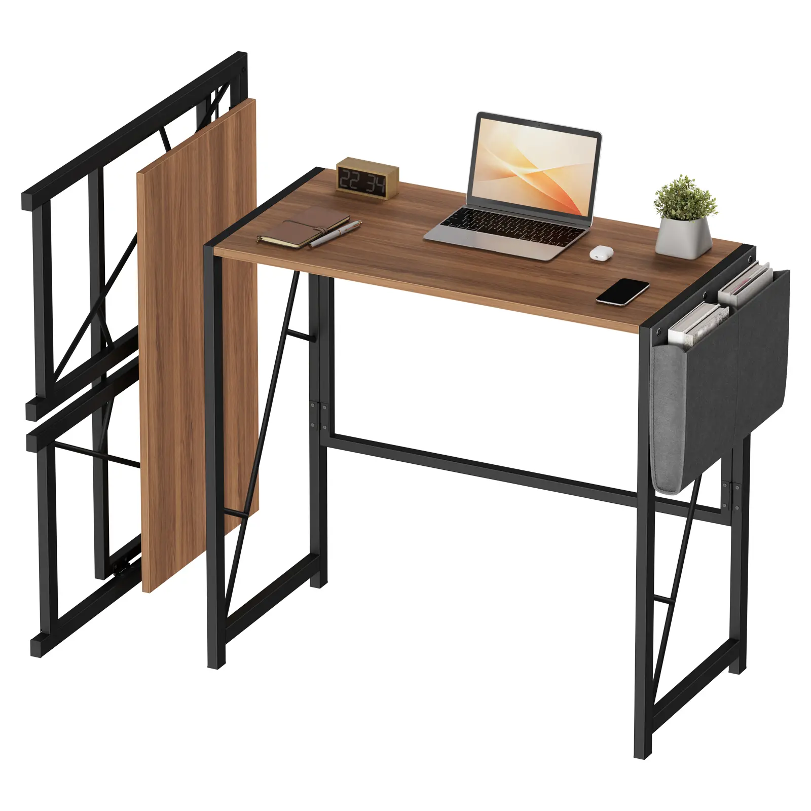 80cm Folding Computer Desk with Side Pocket and Hooks Metal Frame Small Space Writing Table for Dorm Home Office No Assembly Required