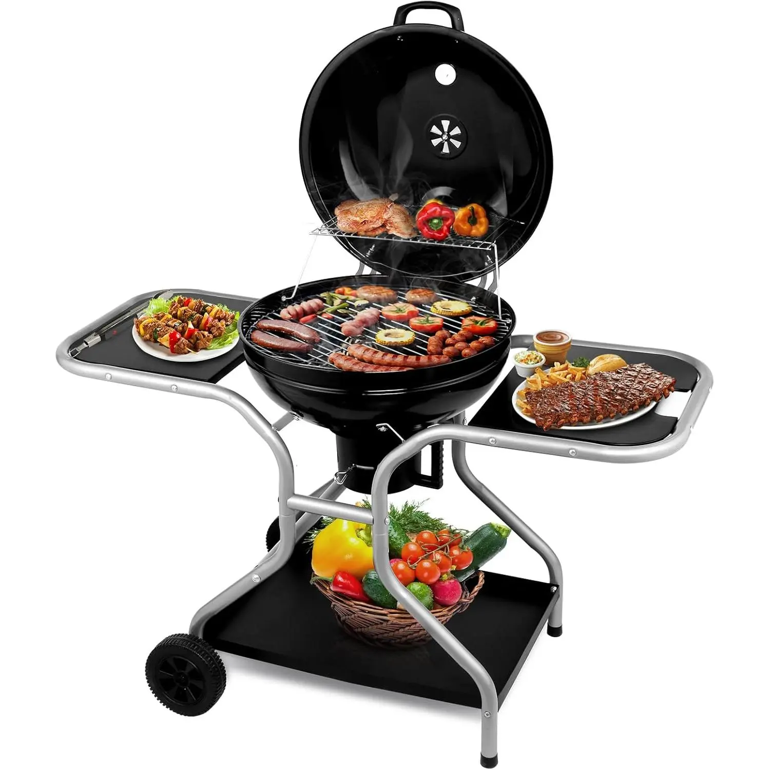 Kettle Charcoal Grill, 22 inch Outdoor Barbecue Pit Grill Cart | 2 Side Tables, For Patio Backyard Camping Picnic Cooking, Black