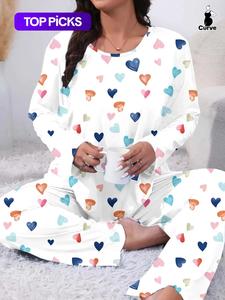 two-piece set plus size heart print pyjama lounge set, casual long sleeve tee & pants, women's plus sleepwear & homewear for spring & fall, fall wear, fallfreshness