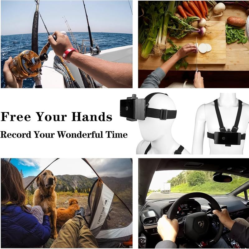 6-in-1 Chest Phone Mount Kit for Sports & Action Cameras, Adjustable Harness Strap for Phone/Osmo Action, Includes Camera Accessories & Device Mount, Hands-Free POV Shooting for Vlogging, Cycling, Hiking
