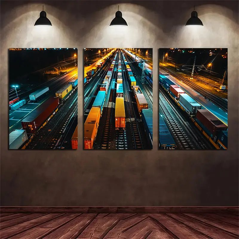 3-piece framed set - Night Train Triptych, vibrant color moving cargo themed canvas wall art, framed, clearance sale, 2D flat, suitable for Halloween, Christmas, winter and summer, luxurious interior decoration, suitable for him/her, bedroom, living room,