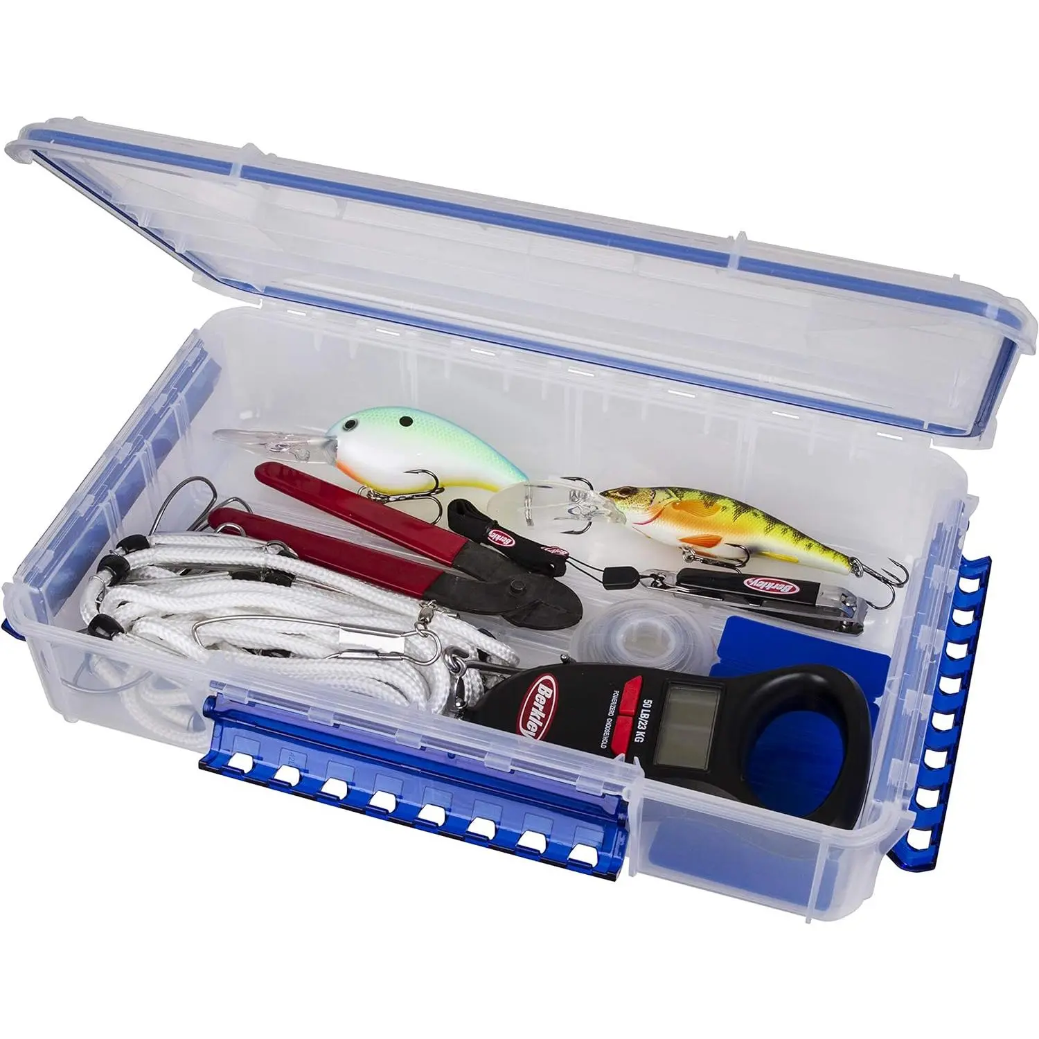 Waterproof Fishing Tackle Box, Translucent WP5000 Series Gear Storage Box for Fishermen - 14" L x 8.9" W x 3.02" D Double Deep, Anti-Rust Tab, Latch, Waterproof Seal for Lures, Saltwater Gear