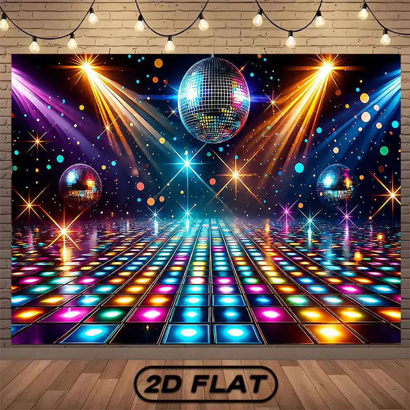 2D Flat Disco Dance Floor Banner, Single-Sided Polyester with Metal Grommets, Neon Glow Lights & Reflective Dance Floor Design for Indoor/Outdoor Parties, Photography & Event Decor