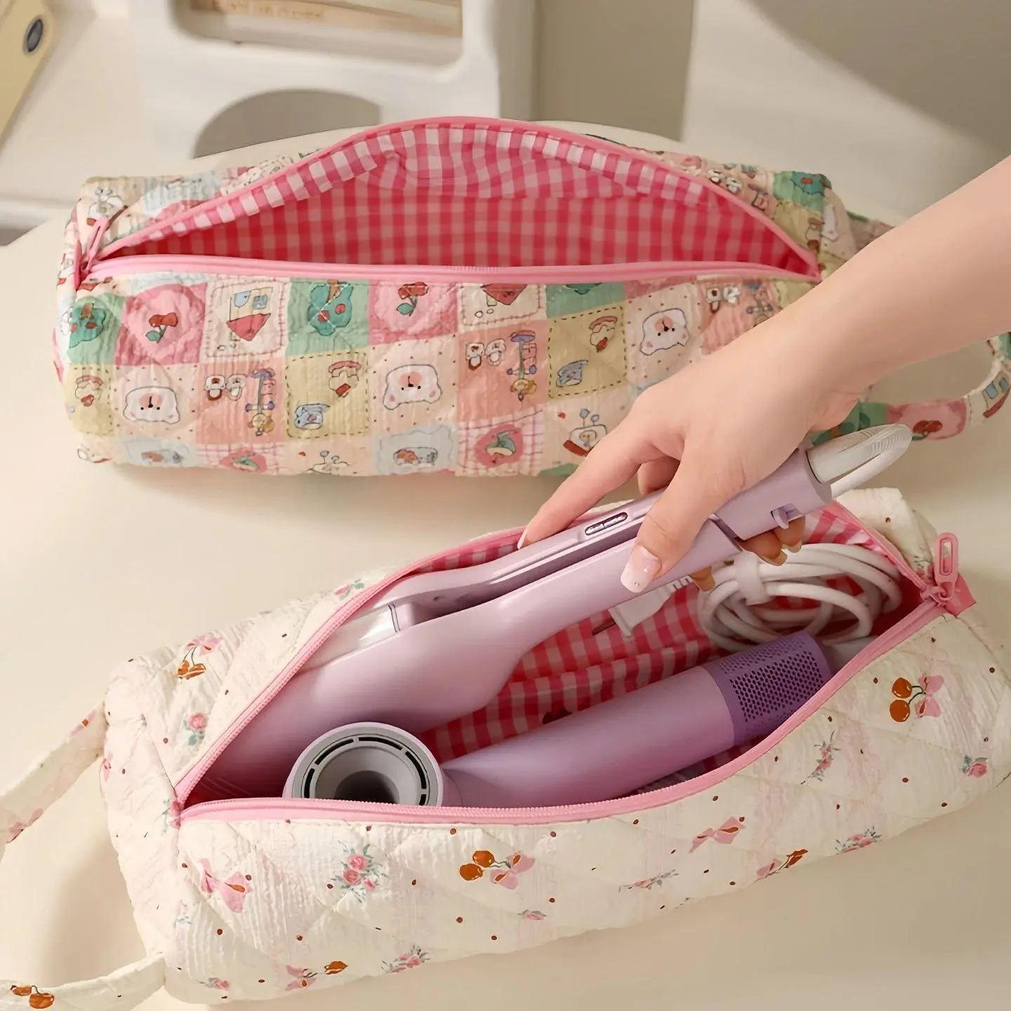 Travel Hair Dryer Storage Bag with Handle Dustproof Curler Storage Bag Large Capacity Soft Quilting Cotton Hair Dyson Organizer