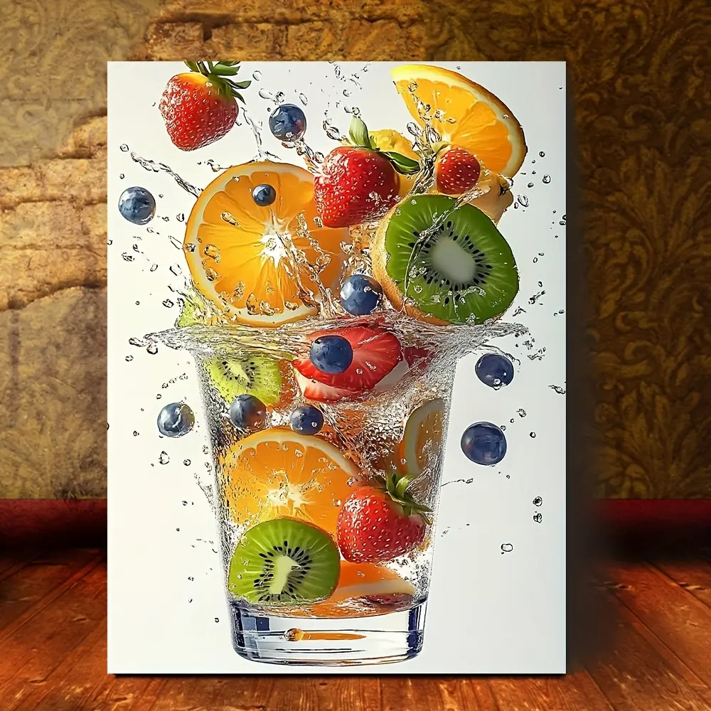 2D, vibrant fruit splash canvas art print, wooden frame - light luxury wall decoration, suitable for living room, corridor, studio, living room art |   Modern Wall Art |   Wooden frame art, fruit decoration