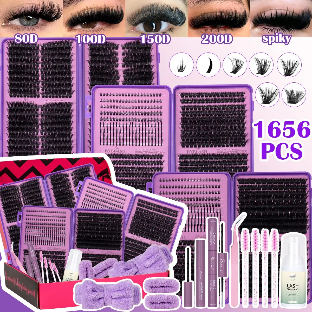 Spikes/Bottom/80100150200D Dense Lash Clusters Gift Set, DIY Thick Lash Clusters, Baddie/ Dramatic/Fluffy, Soft Lightweight, Long Lasting, Includes Bond&Seal, Remover, Lash Shampoo,Tweezers, Headband&Wristbands, Easily DIY Long-Lasting Salon Charm at Home