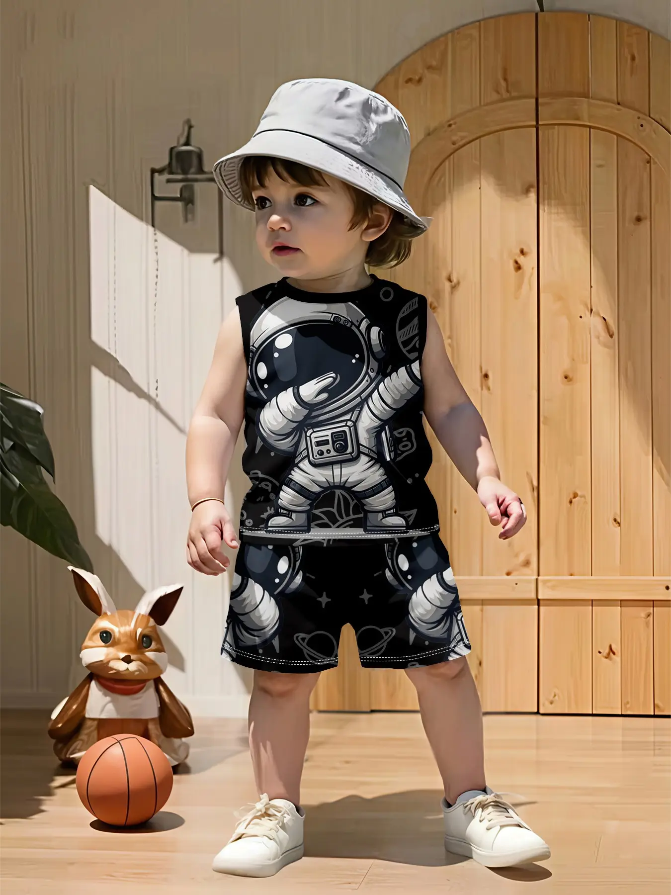Black Background Cartoon Astronaut Space Themed Baby Boys' Casual Sportswear, stylish and cute casual outfits, everyday & outdoor sports t-shirt sets, the perfect gift for infants and young children