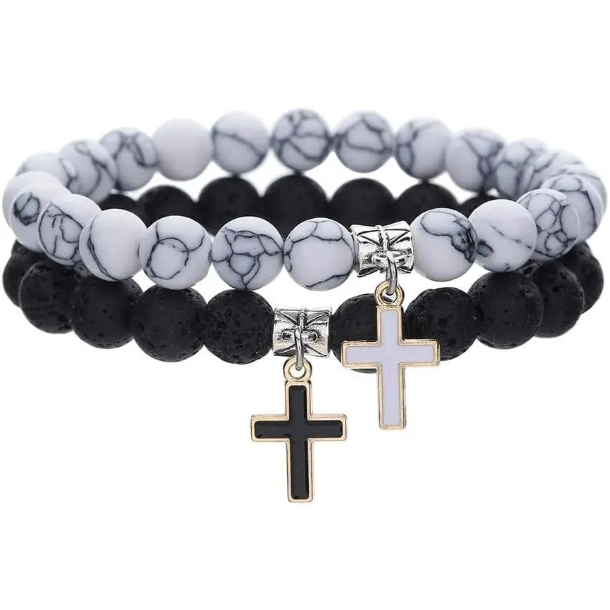 2 count Set Matte Lava Rock Beaded Couple Bracelet Black White 8mm Howlite Volcanic Stone Matching Beads Elastic  Pendant Stretch Bracelets Religion  BFF  for Women Men