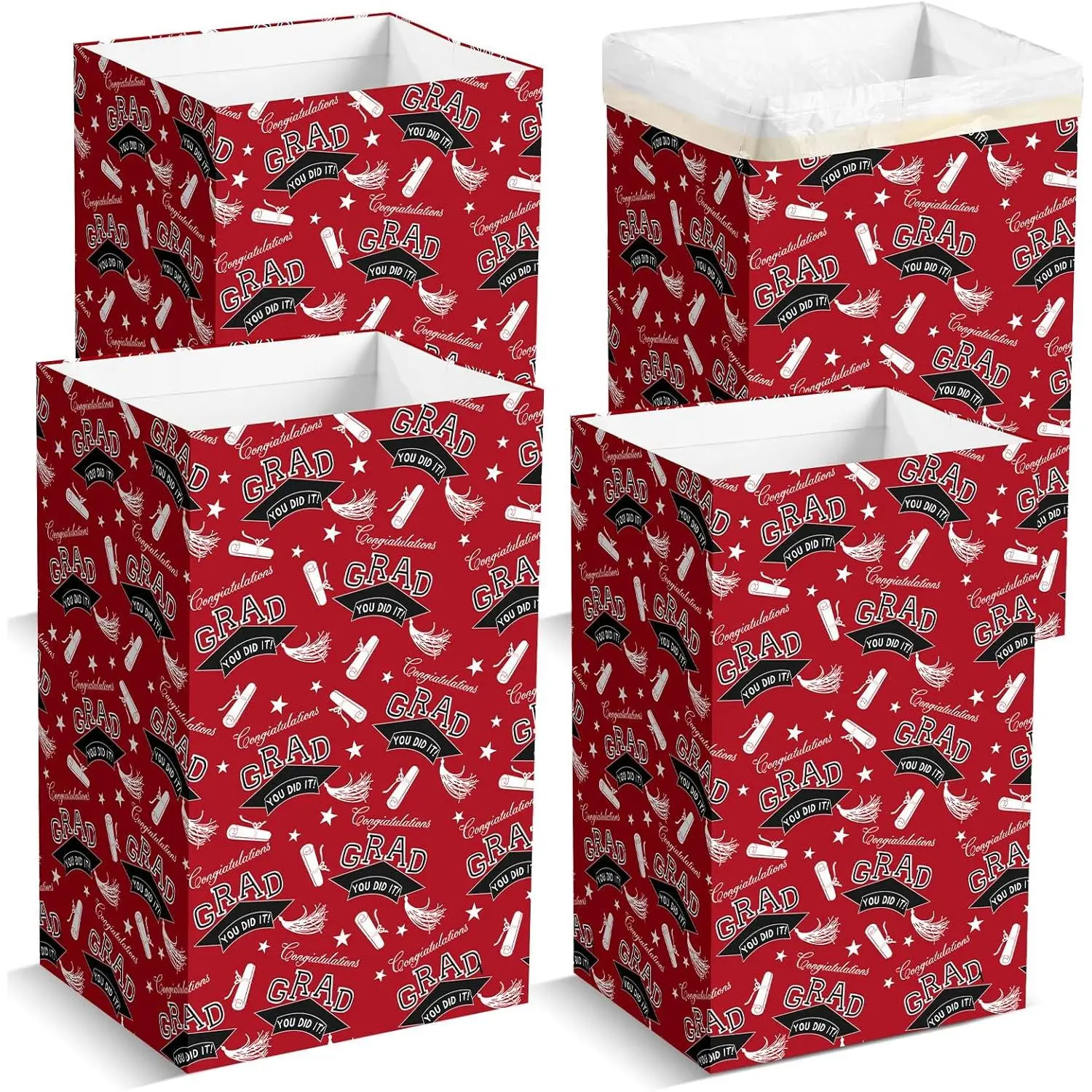 4 Pack Red Disposable Pop up Trash Cans for Graduation Parties (13 Gallon 21.6" H x 13.5" W x 10" D) with 5 Fitted Bags Portable Foldable Extra Thick Garbage Bins for Event Kitchen Camping