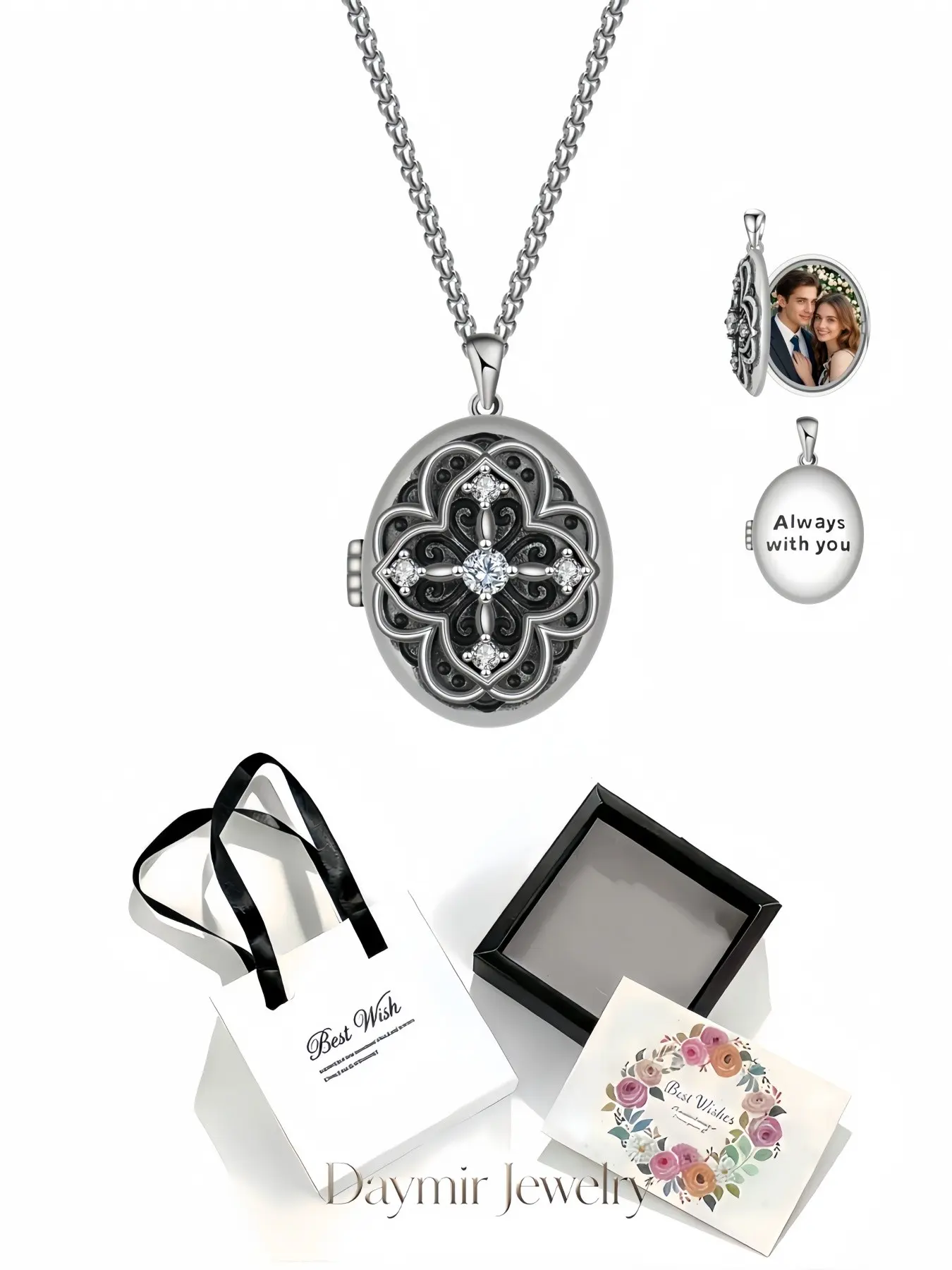 Hand‑crafted vintage cross diamond‑inlaid openable photo locket necklace. It comes with an exquisite drawer‑style jewelry box, romantic gift for dating, wedding anniversary, Valentine’s Day and Christmas.
