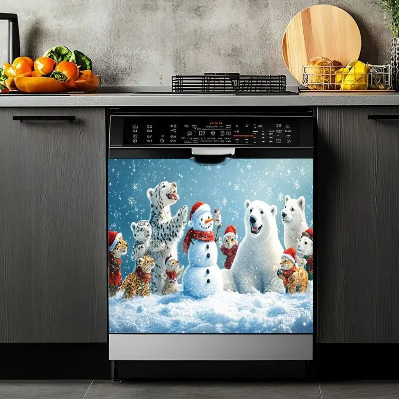2D Flat 2Pcs Winter Holiday Dishwasher Magnet Cover Arctic Animals Snowman Decor Blue Snow Scene Kitchen Appliance Decoration Magnetic Front Panel for Refrigerator Washer Dryer Christmas Festive Home Waterproof Removable Stickers