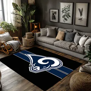 Blue Ram Head Logo Double Stripe Crystal Velvet Area Rug Non-Slip Sports Fan Home Floor Mat #RamHeadLogoRug #NavyStripeSportCarpet #TeamFanDecor #AnimalEmblemFloorMat #CrystalVelvetRug