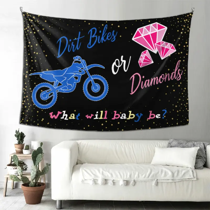 Dirt Bikes or Diamonds Gender Reveal Tapestry, Black Gold Baby Shower Wall Hanging for Party Backdrop Nursery Celebration Decor, Peach Skin Fabric, Multiple Sizes Available
