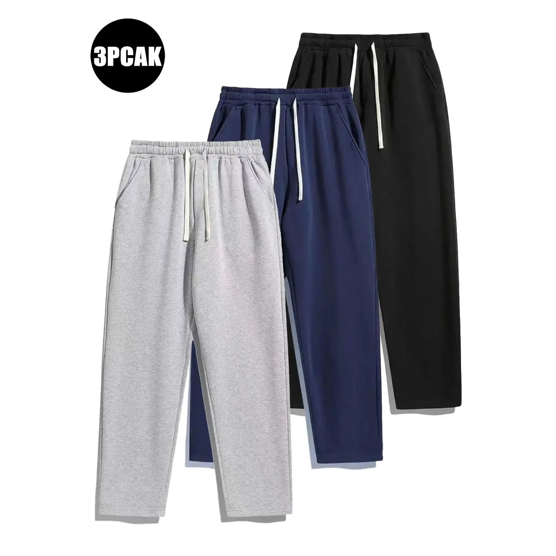 Men's Solid Thermal-Lined Polyester Drawstring Waist Pants, Machine Washable Casual Comfy Loose Relaxed Fit Trousers with Pockets for Fall & Winter Daily Wear, Stylish Navy Gym Joggers Menswear Bottoms, Machine Washable Men's Pants