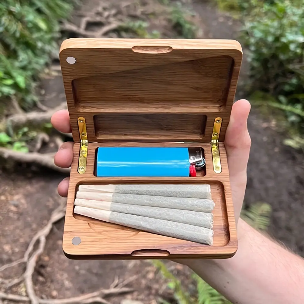 1pc Hand-Carved Walnut-Colored Cigarette Case (Tobacco Not Included) |   Magnetic Flip-Top Design |   Portable and Ready to Use |   Vintage-Style Wooden Cigarette Holder Storage Box |   Ideal Holiday Gift for Fathers and Husbands