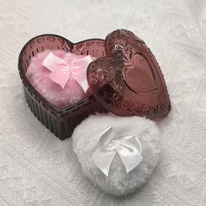 Red Vintage Glass Heart Body Dusting Powder Container with 2 Soft Puffs for Women & Girls