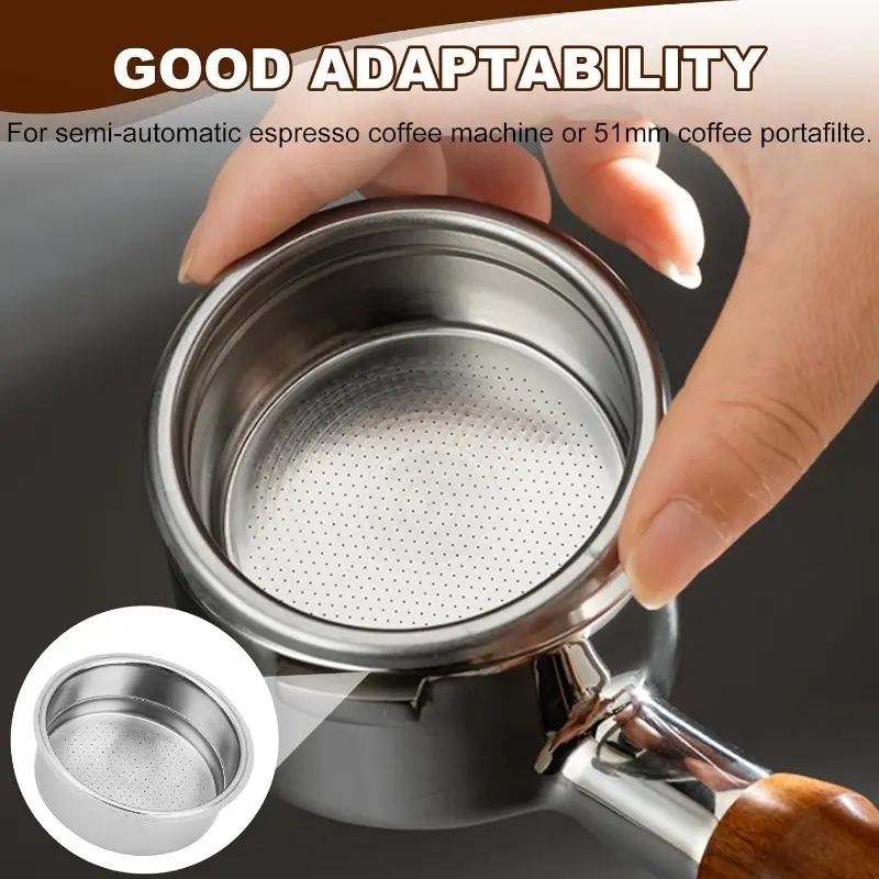 1pc 51mm filter basket, made of 304 stainless steel material, available in single/double cup options, suitable for semi-automatic espresso machines, double-layer extraction filter screens, and coffee filtration accessories