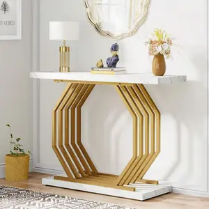 40 Inch Gold Console Table Faux Marble Entryway Table Narrow Sofa Table Modern Accent Table For Living Room, Entrance, Hallway