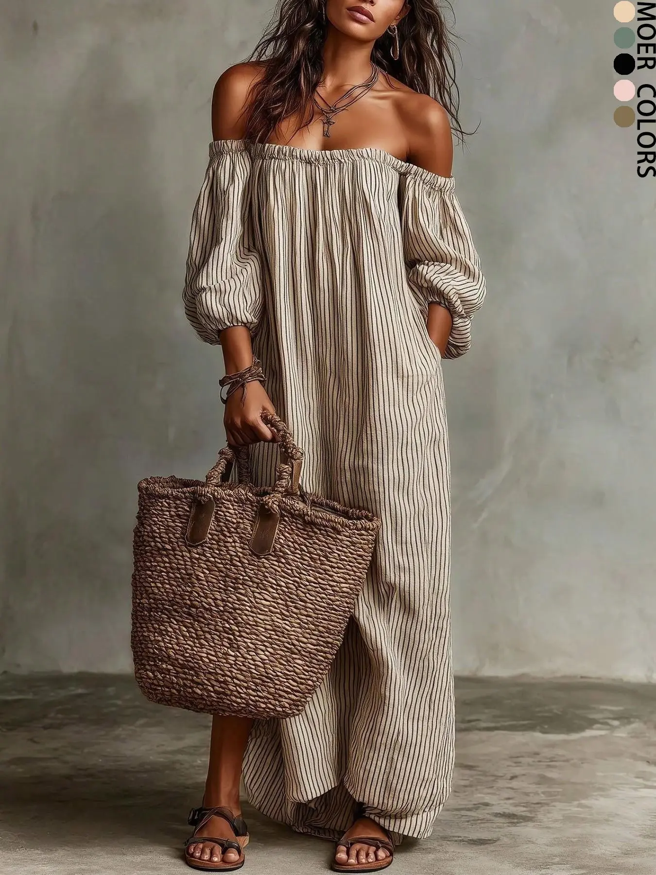 Boho Striped Off-Shoulder Bubble Sleeve Linen Long Skirt, Loose Pockets Summer Vacation Beach Dress, Casual Style, Bohemian Summer Dresses