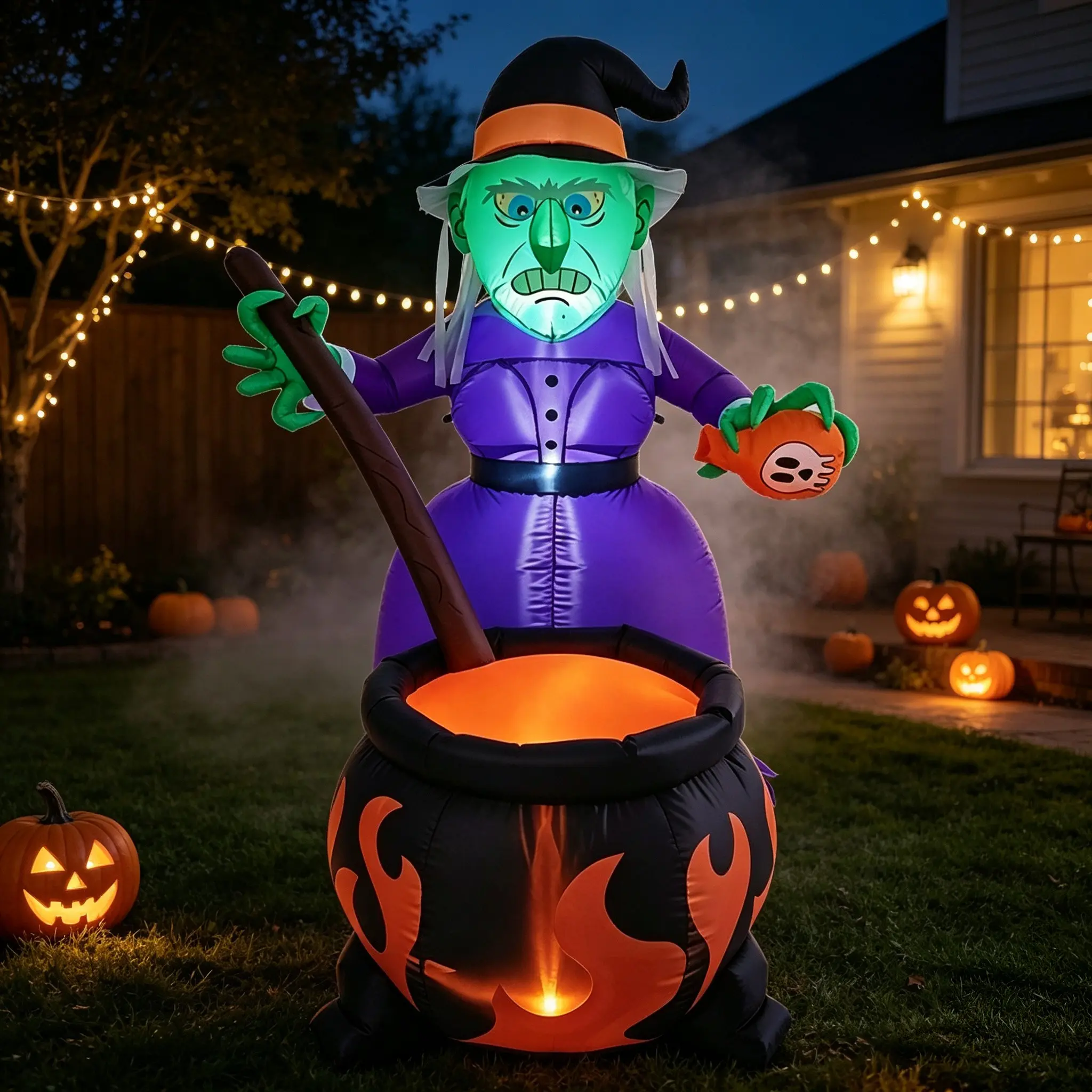 1.8 Meter Halloween Inflatable Witch Crow Cauldron, Outdoor Horror Witch Potion Making Inflatable Decoration, Halloween Garden Magic Witch Inflatable Atmosphere Ornament