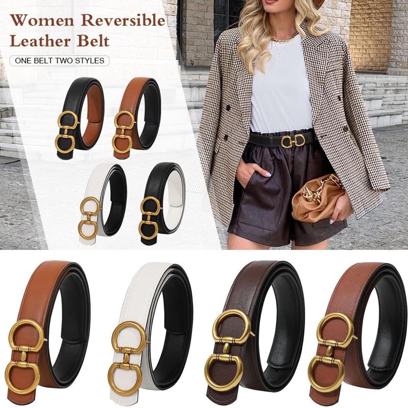 AWAYTR Elegant Reversible Belt for Women Two-in-One Ladies Fashion PU Leather Belts with Horseshoe Buckle for Jeans Dress Style