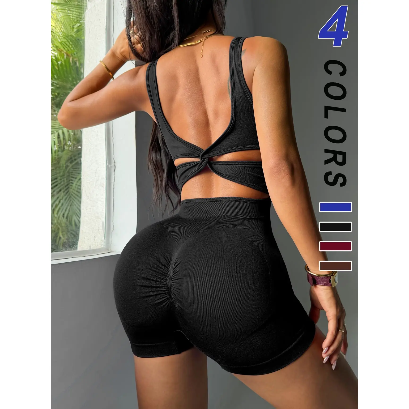 2026 Trendy Twist Back Cutout Workout Bodysuit,Seamless Twist Back Workout Romper, High Waist Ruched Butt Lifting One Piece Yoga Shorts, U Neck Sleeveless Gym Bodysuit
