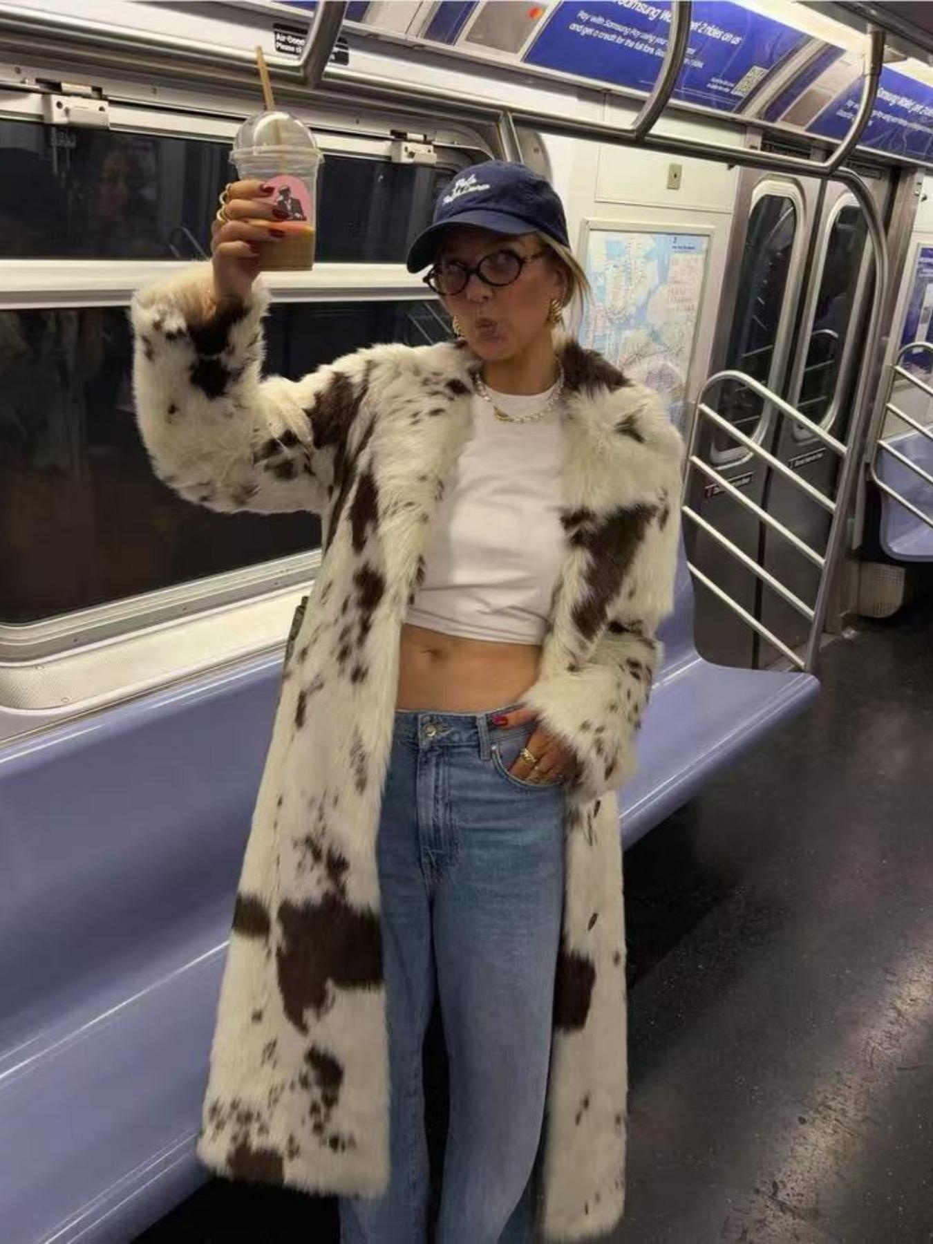 Women's Cow Print Faux Fur Coat, Thick Warm Loose Long Jacket for Fall & Winter, Eco-Friendly Imitation Leather Outerwear