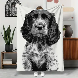 1Pc Soft Single-Sided Printed Blanket Realistic Black And White Cocker Spaniel Puppy Lightweight All-Season Throw For Home, Camping, Travel Perfect Dog Lover Gift Ah714Sdt2571, Cozy For Home Decor
