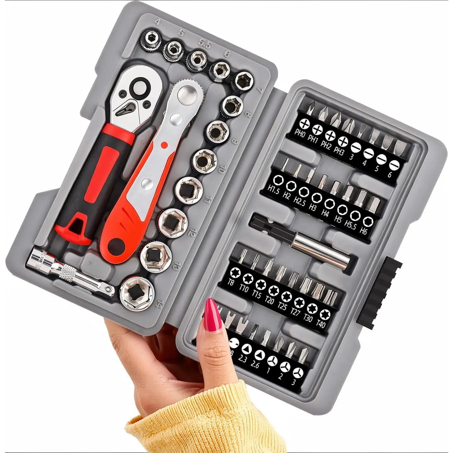 48 count 1/4" Mini Ratchet Socket Wrench Set and  Bits Set | 72- Ratchet, Right Angle Ratchet  & extension for Auto, ,  Repair & Tight Space DIY Projects