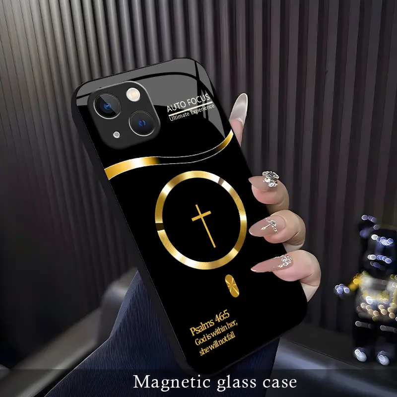 For iPhone 14 Plus God's Plan Psalms 46:5 Cross Magnetic Glass Case, Faith Floral Design, MagSafe-Compatible Wireless Charging, Shockproof Protective Cover.XS9527